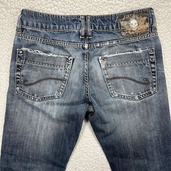 ZARA Jeans Men’s 31x32 Blue Distressed Denim Whiskering Skull Patch Grunge Punk - Picture 6 of 13